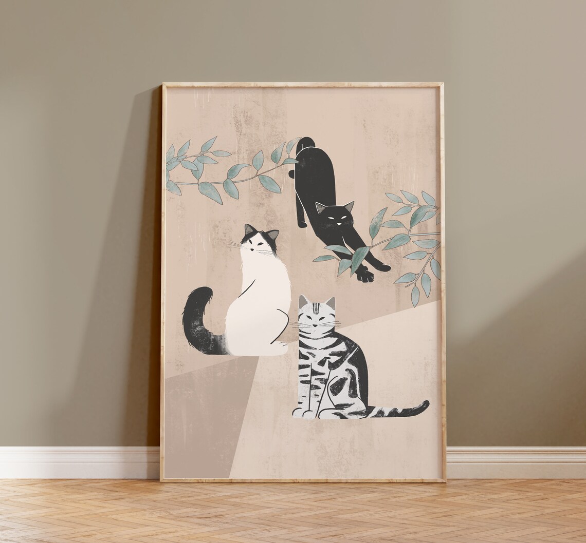 Cats and Plant Illustration, Boho Cat Poster