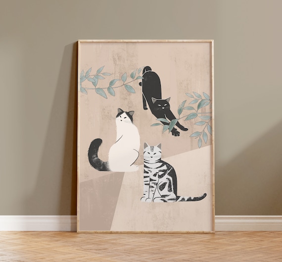 Cats and Plant Illustration, Boho Cat Poster