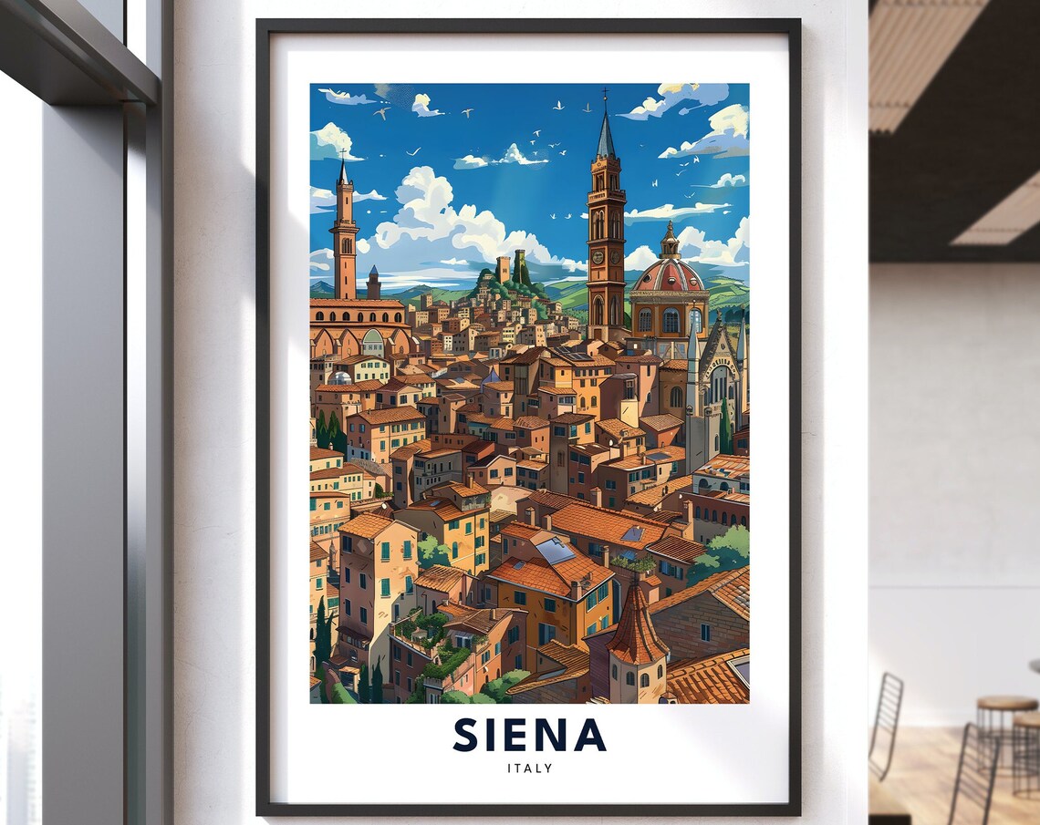 Siena Italy Medieval City Travel Poster Tuscan Towers Red Roofs Skyline