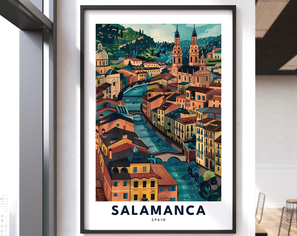Salamanca Spain Old Town Riverside Night Festival Vintage Travel Poster