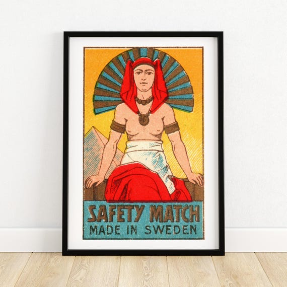 Egyptian Goddess Matchbox Art Vintage Swedish Safety Match Poster Colorful Scandinavian Wall Decor Unique Gift For Collectors A4