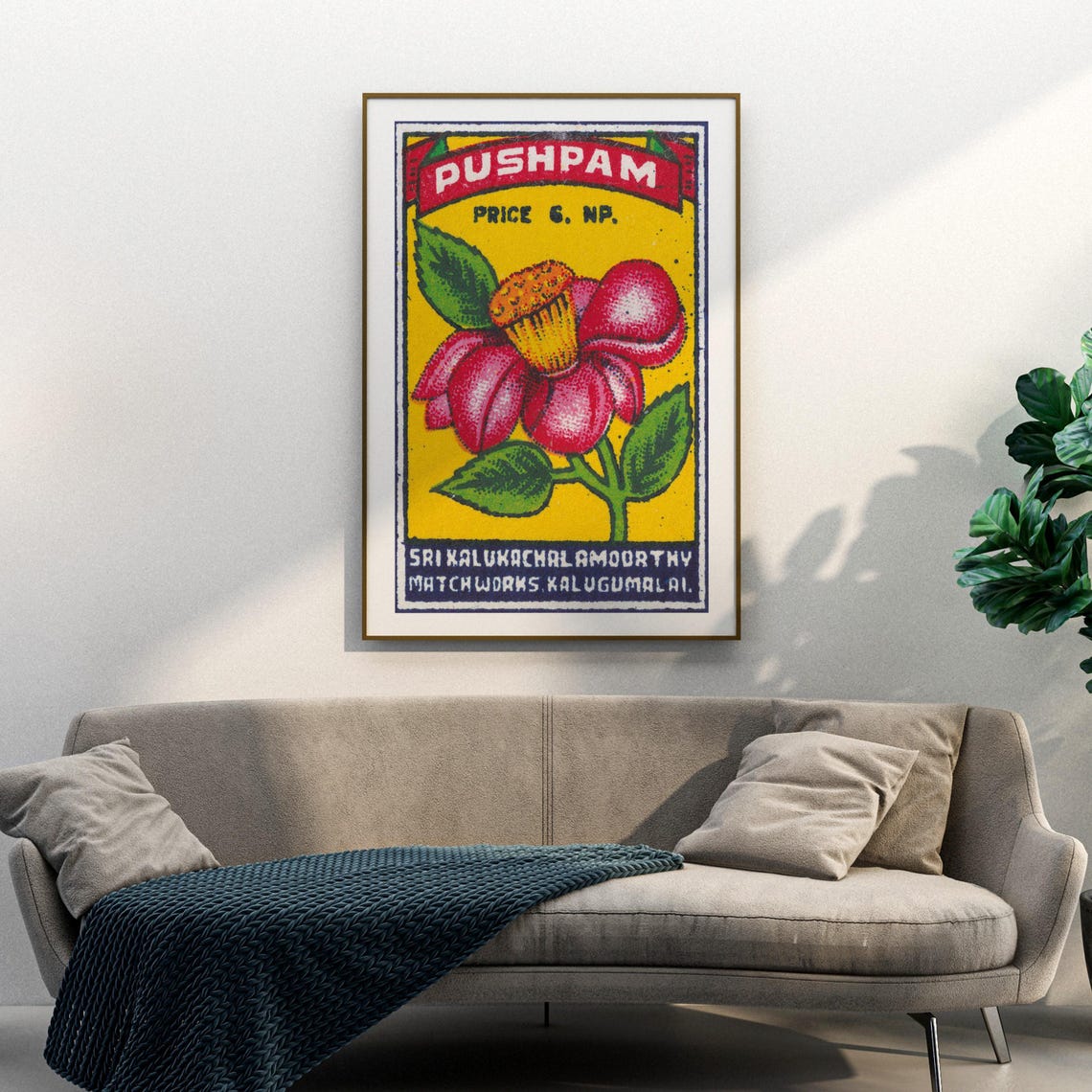 Pushpam Pink Flower Indian Matchbox Label Vintage Bloom Poster - Image 3