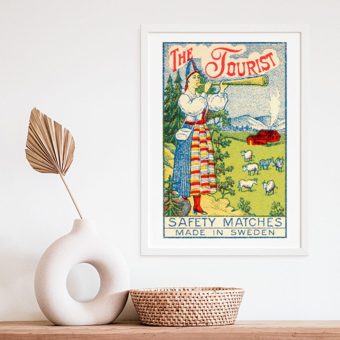 The Tourist Folk Horn Player Vintage Swedish Matchbox Label Art Poster