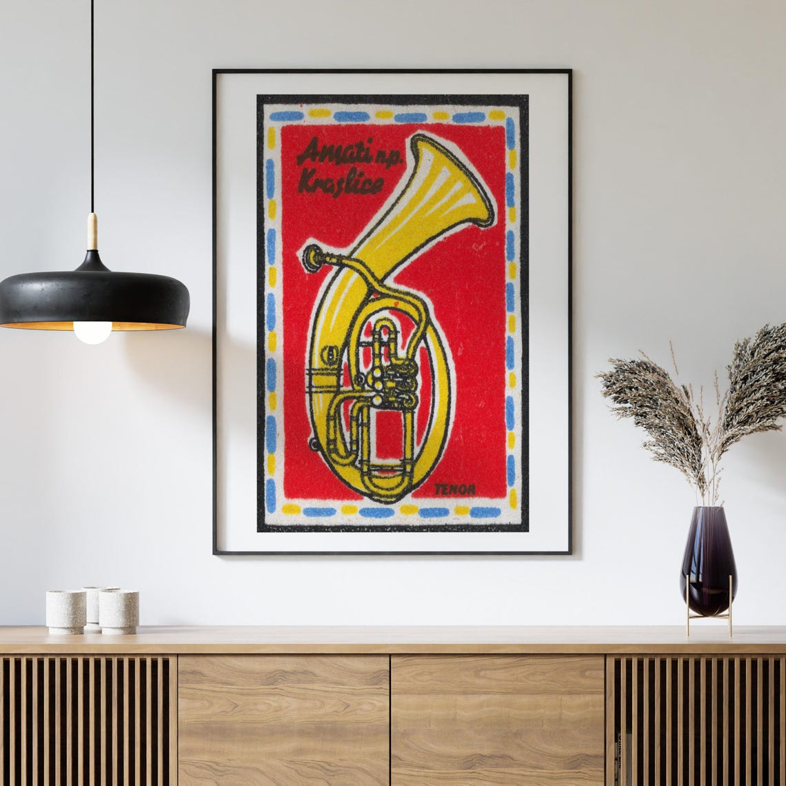 Amati Kraslice Tenor Horn Yellow On Red Matchbox Label Art Poster - Image 4