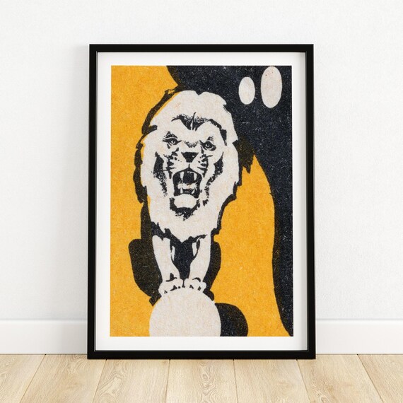 Roaring Lion on Ball Yellow Vintage Matchbox Art Poster Circus