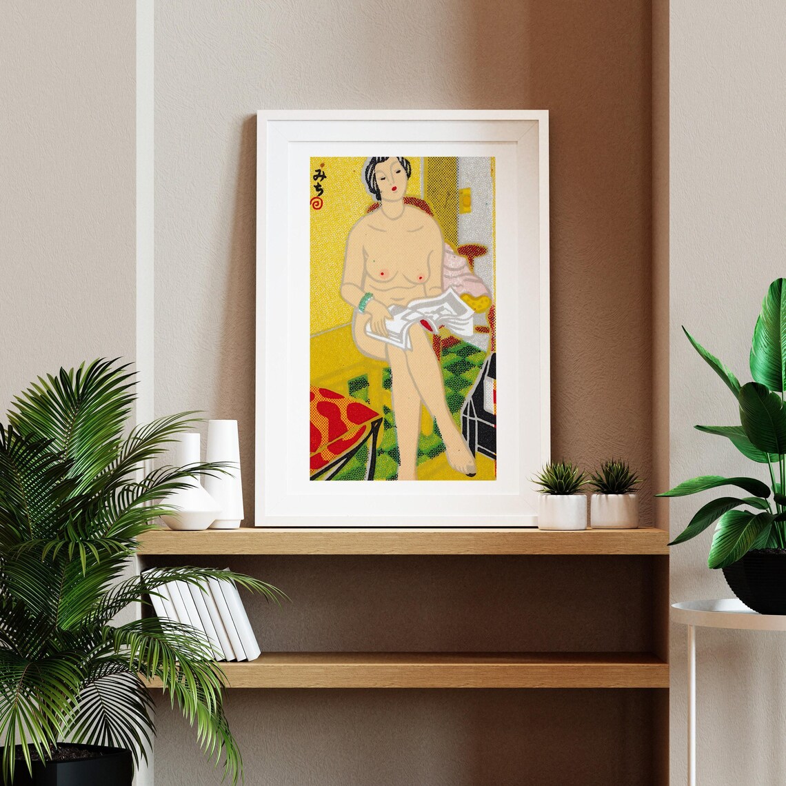Japanese Woodblock Nude Woman Reading Newspaper Yellow Room Art Poster - Image 2