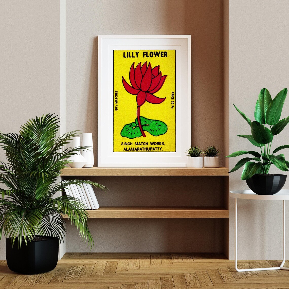 Lilly Flower Red Lotus Lily Pads Vintage India Match Label Poster - Image 2