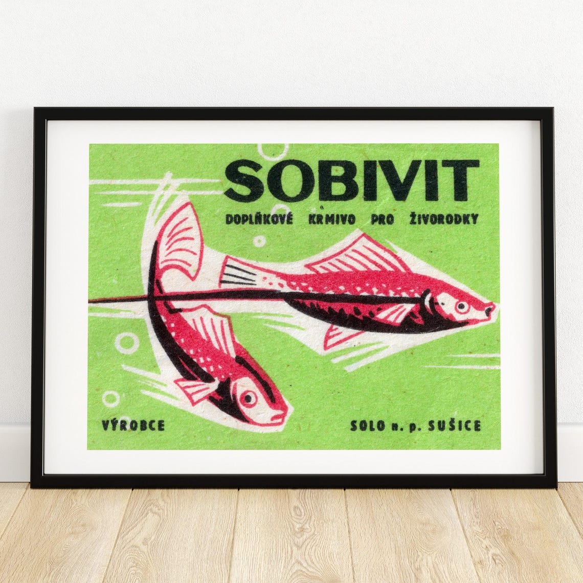 Sobivit Red Fish Green Aquarium Vintage Czech Matchbox Poster