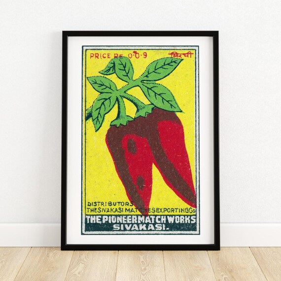 Hot Chilli Peppers Matchbox Print India Wall Art Vintage India Art Matchbox Wall Poster Vintage Poster Print