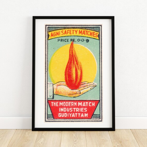 Agni Safety Matches Poster Art Vintage Indian Ephemera Mid Century Wall Decor Colorful Retro Design Collectible Graphic Print A4