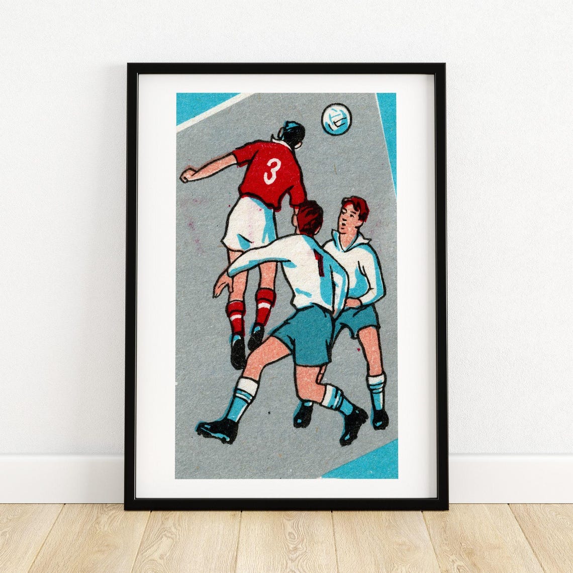 Vintage Soccer Header Duel Retro Football Players Matchbox Art Poster