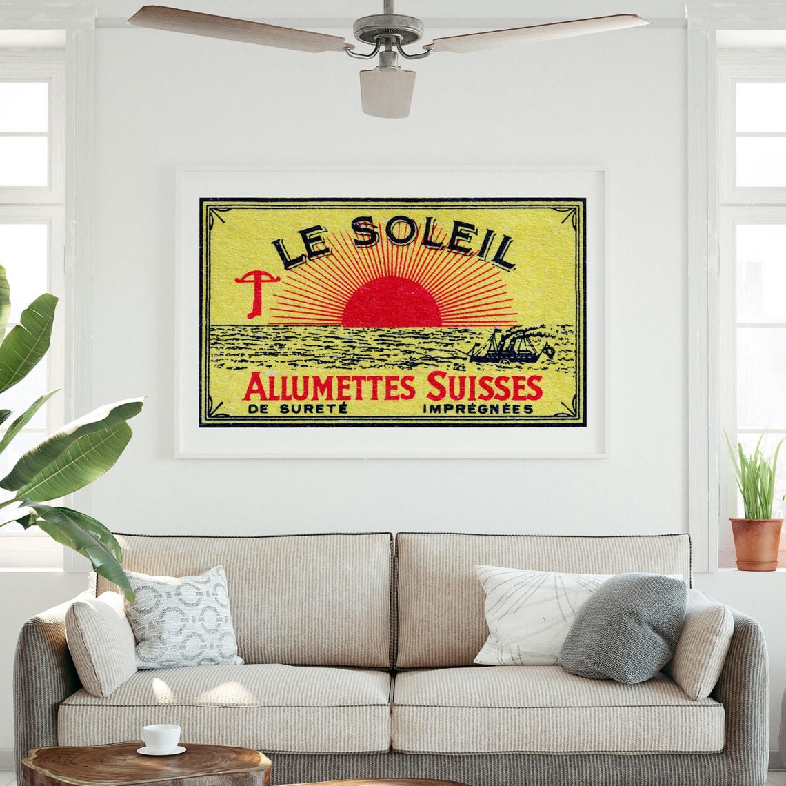 Le Soleil Sunrise Over Ocean Ship Vintage Swiss Match Label Poster - Image 3