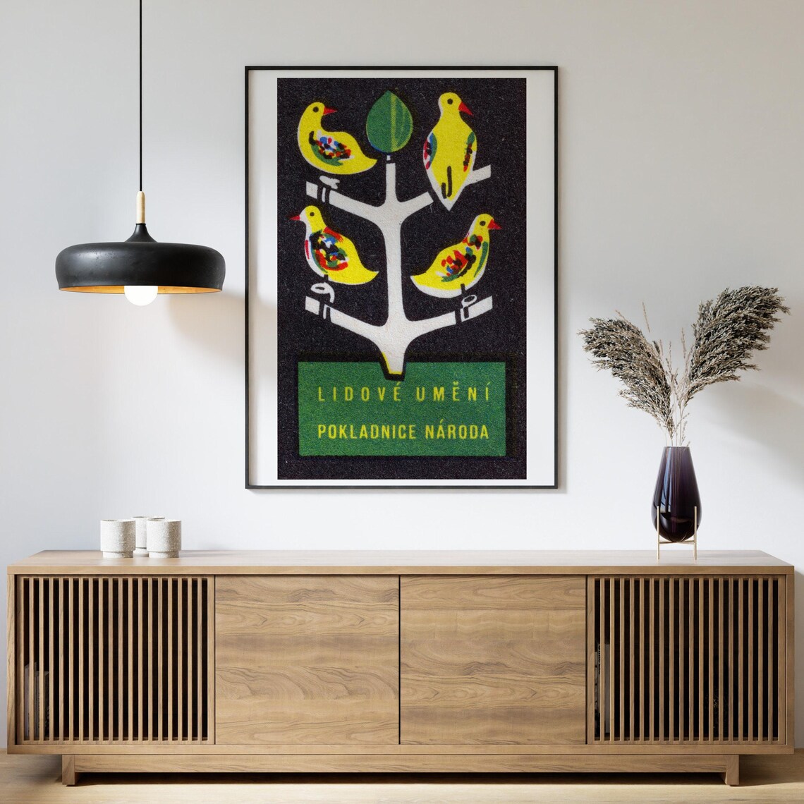 Czech Folk Art Yellow Birds White Tree Black Vintage Matchbox Poster - Image 4