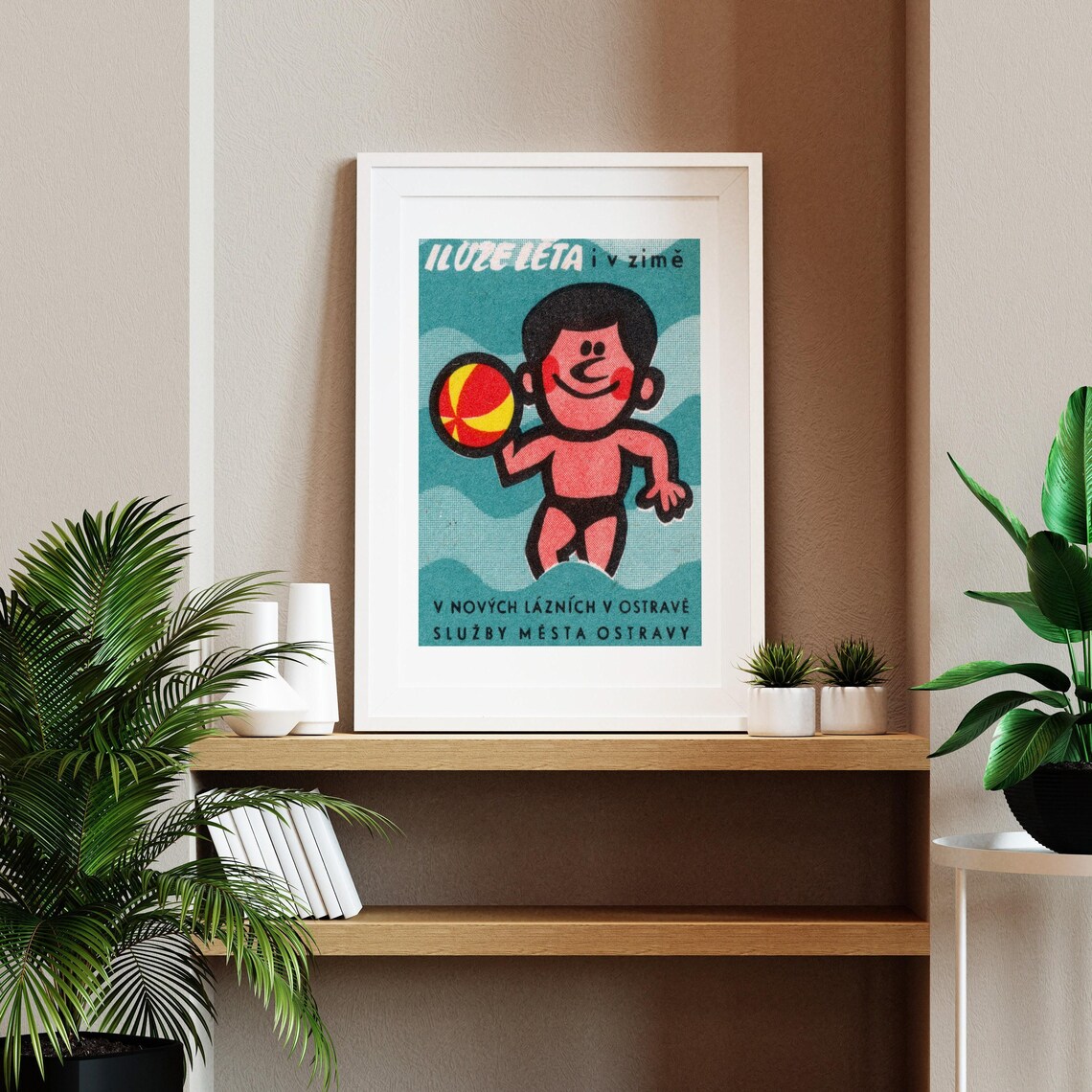 Summer Illusion Winter Boy Beach Ball Vintage Ostrava Baths Advertising Poster - Image 2