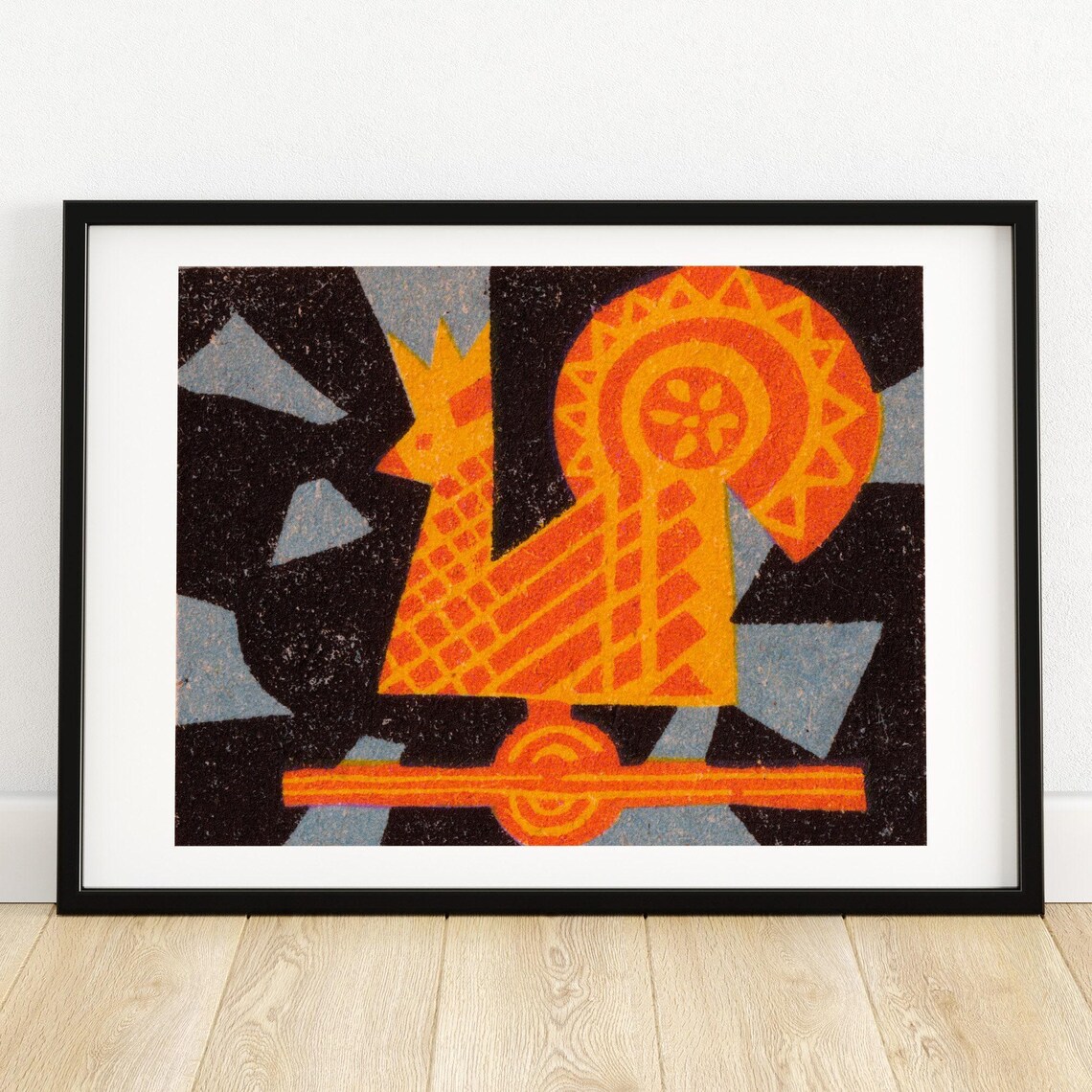 Abstract Orange Vintage Folk Art Bird Rooster Matchbox Label Poster