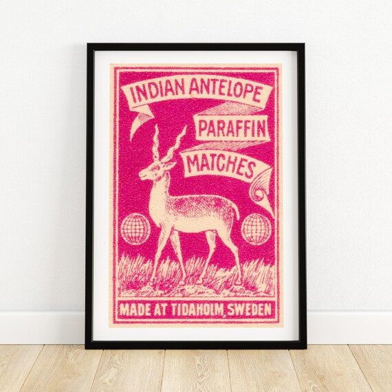 Indian Antelope Matchbox Art Print Bold Pink Wall Decor Vintage Swedish Design Unique Home Accent Collectible Matchbox Poster A4
