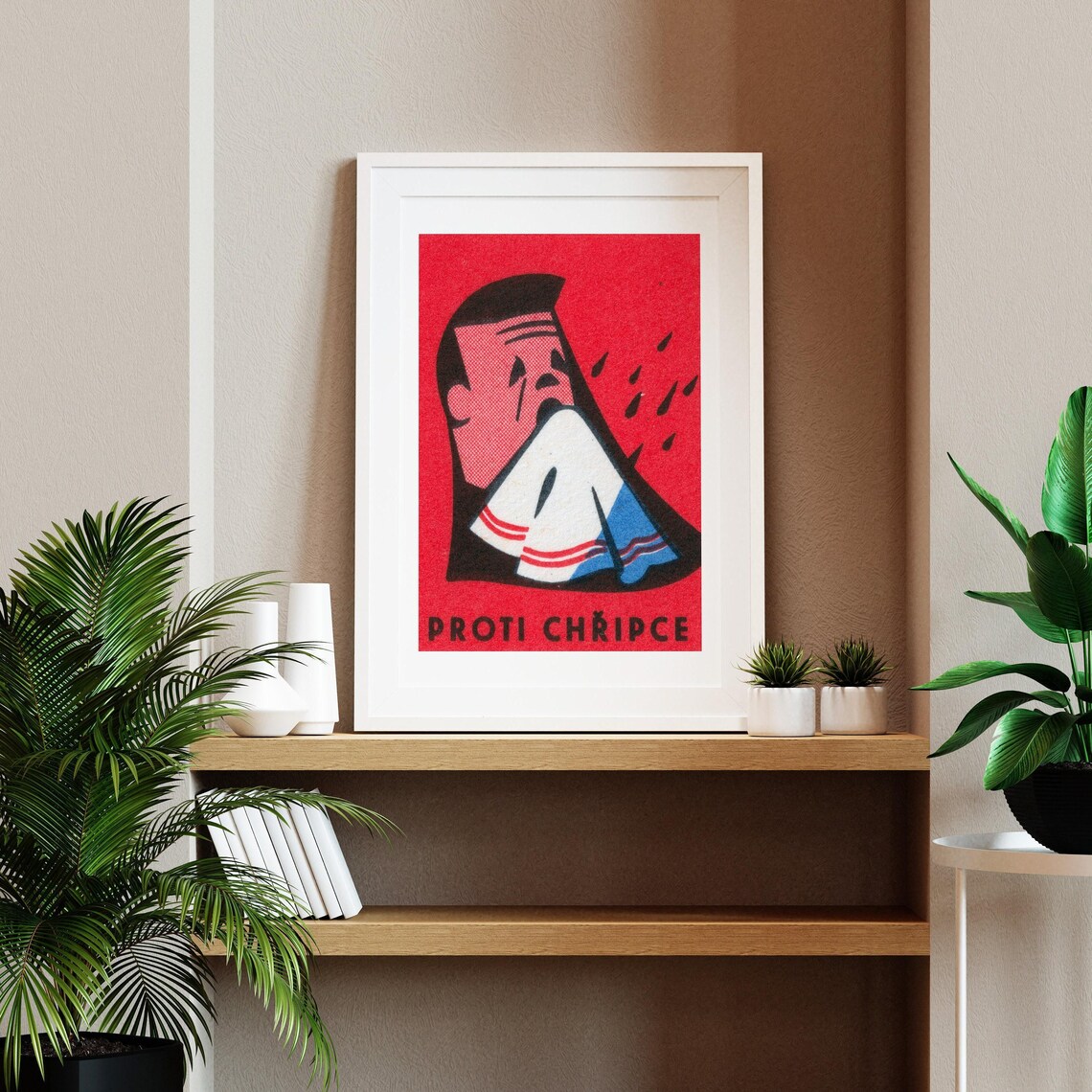 Vintage Proti Chripce Flu Health Cartoon Red Matchbox Art Poster - Image 2