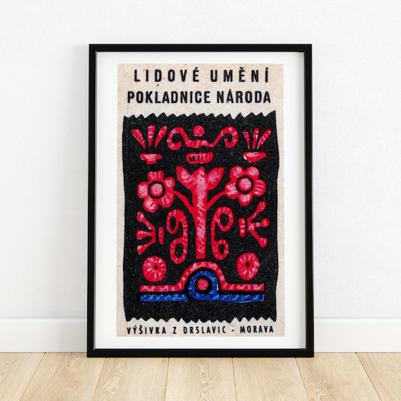 Red Flower Matchbox Folk Art, Vintage Czech Poster