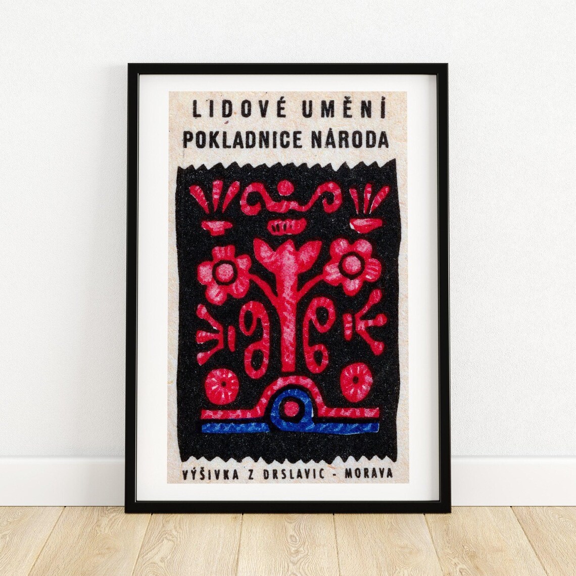 Red Flower Matchbox Folk Art, Vintage Czech Poster