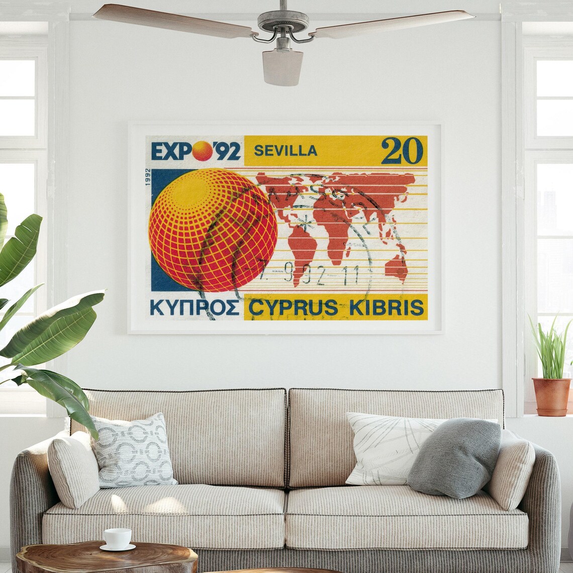 Expo 92 Sevilla Cyprus World Map Vintage Postage Stamp Art Poster - Image 3
