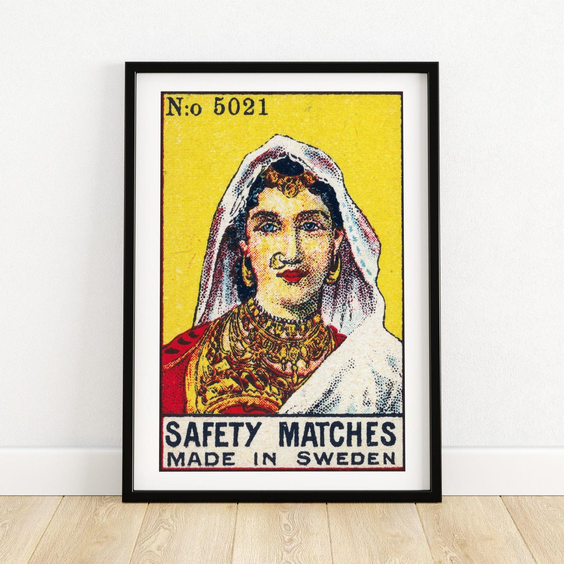 Indian Woman Gold Jewelry Vintage Swedish Matchbox Label Poster