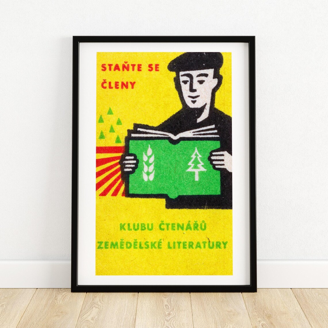 Man Reading Book Matchbox Print, Vintage Czech Art