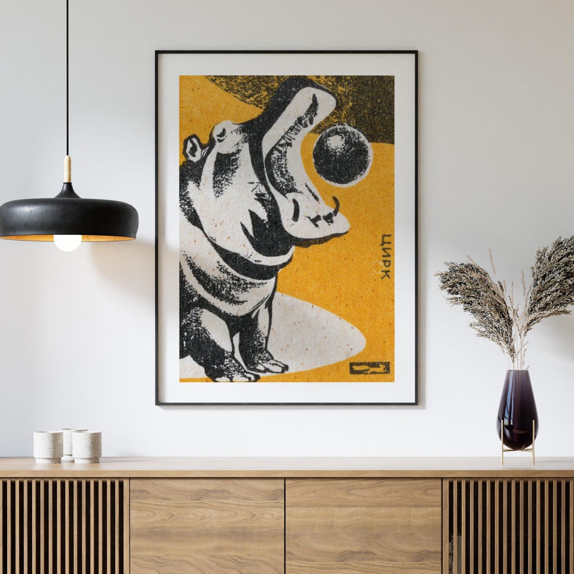 Hippo Catching Ball Vintage Soviet Animal Matchbox Label Poster - Image 4