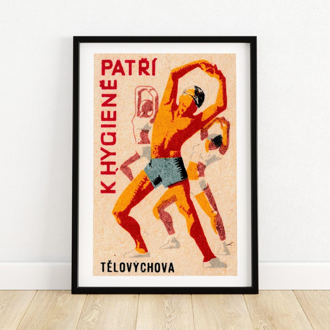 Czech Matchbox Label Athletes Training Hygiene Red Orange Retro Poster