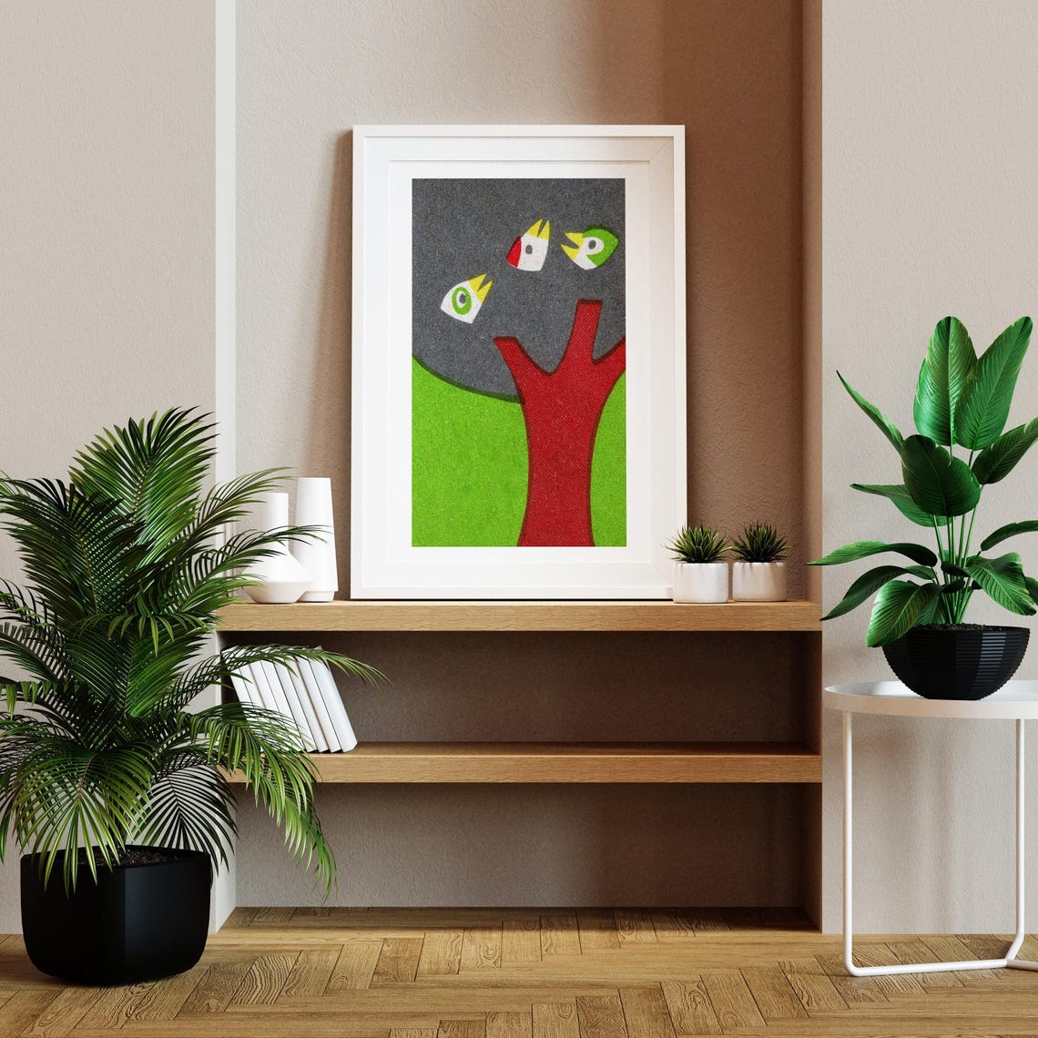 Three Birds on Red Tree Green Vintage Matchbox Art Poster Bold - Image 2