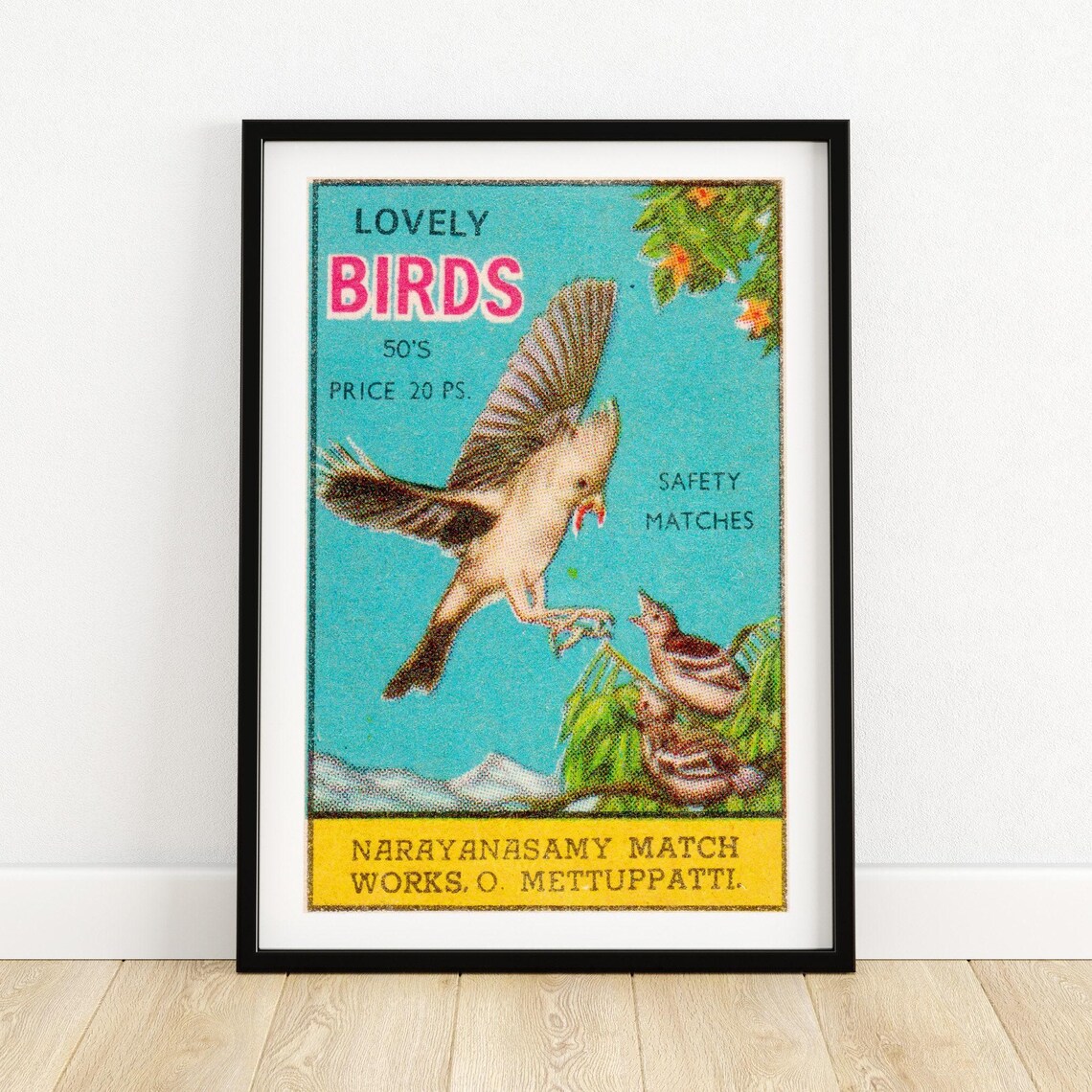Lovely Birds 1950s Indian Safety Matches Teal Label Art Poster