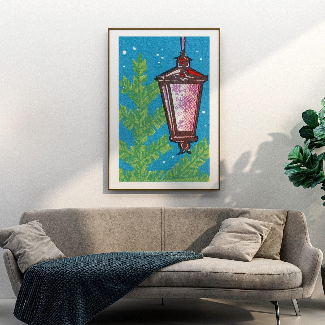 Snowy Night Lantern Vintage Blue Winter Scene Illustration Print - Image 3