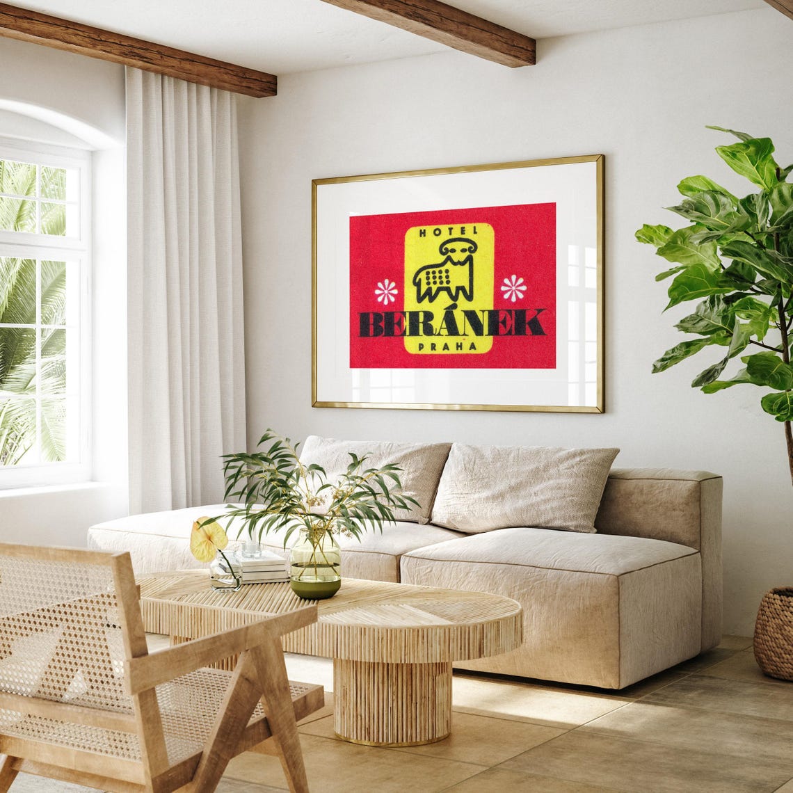 Hotel Beranek Prague Lamb Logo Bold Red Yellow Vintage Poster - Image 4
