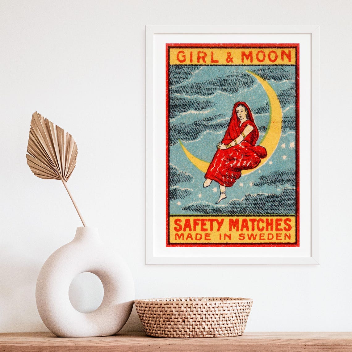 Girl and Moon Red Sari Crescent Moon Vintage Swedish Match Poster - Image 4