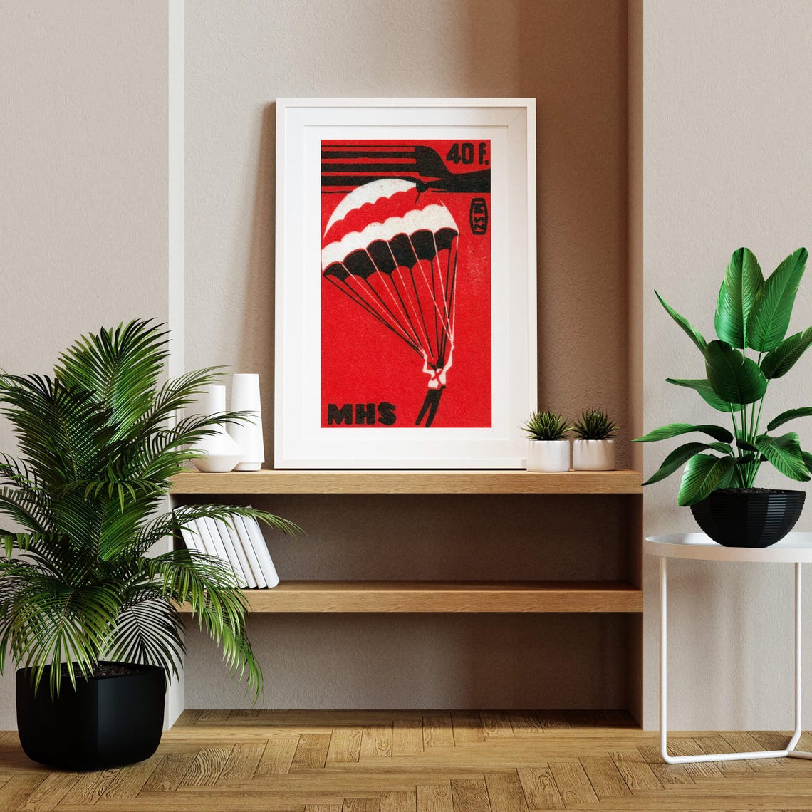 Bold Red Parachutist Jumping Vintage Matchbox Label Art Poster - Image 2
