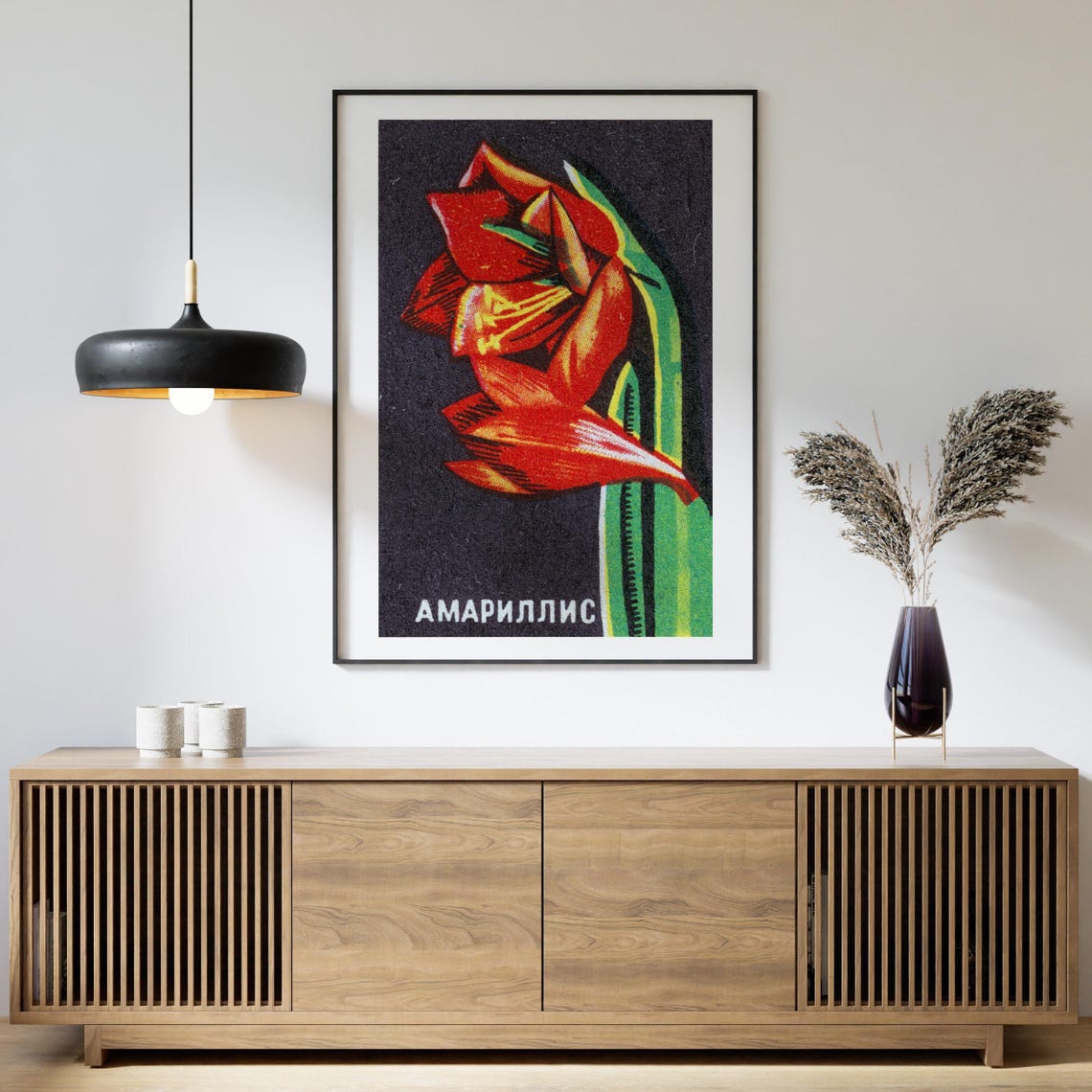 Red Amaryllis Flower Vintage Soviet Botanical Matchbox Poster - Image 4