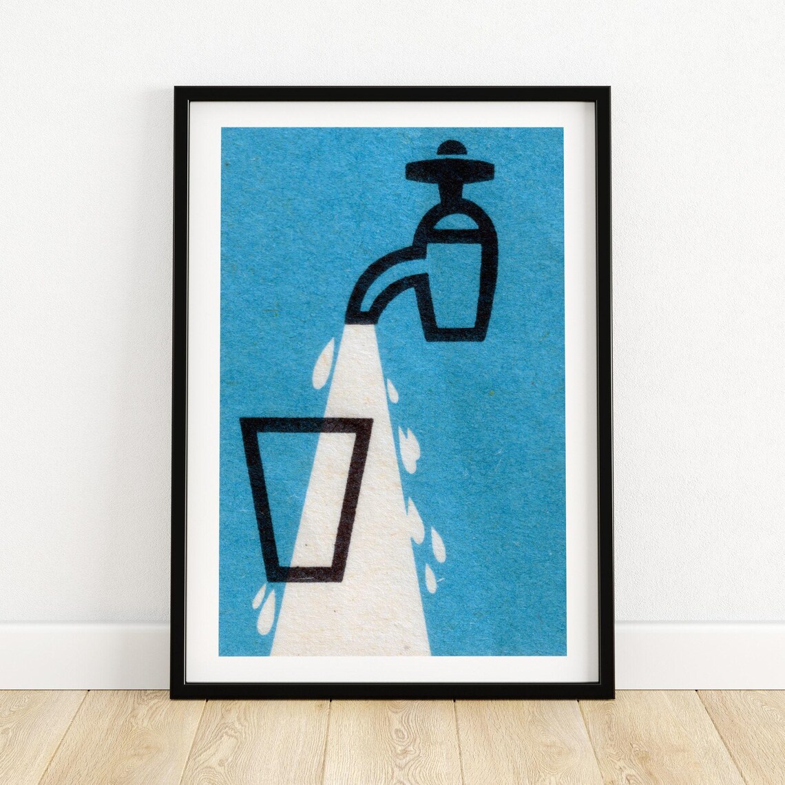 Water Tap Faucet Glass Blue Vintage Matchbox Label Art Poster