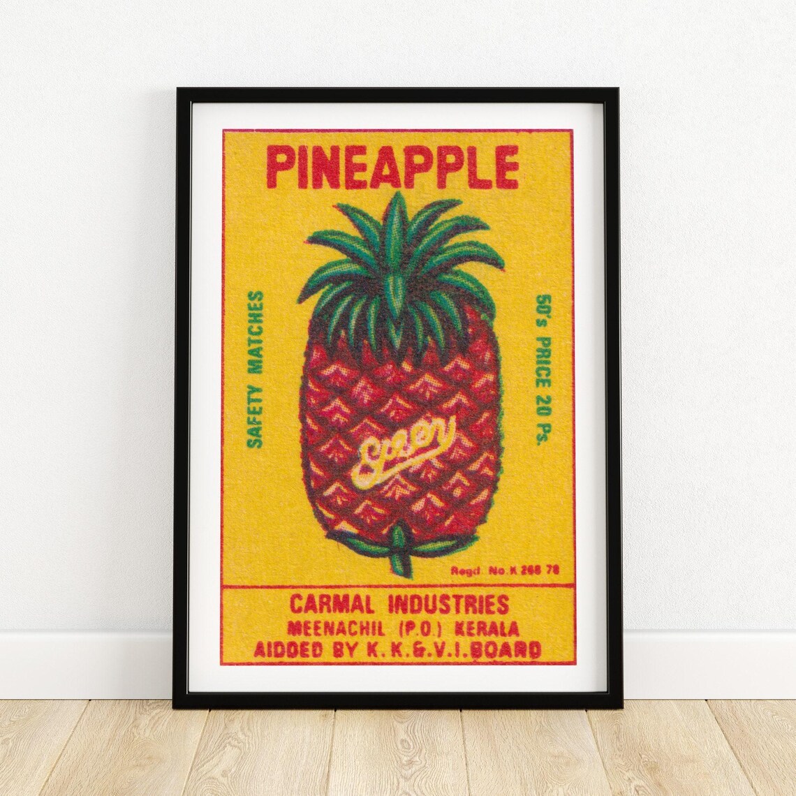 Pineapple Fruit Matchbox Print, Vintage India Poster