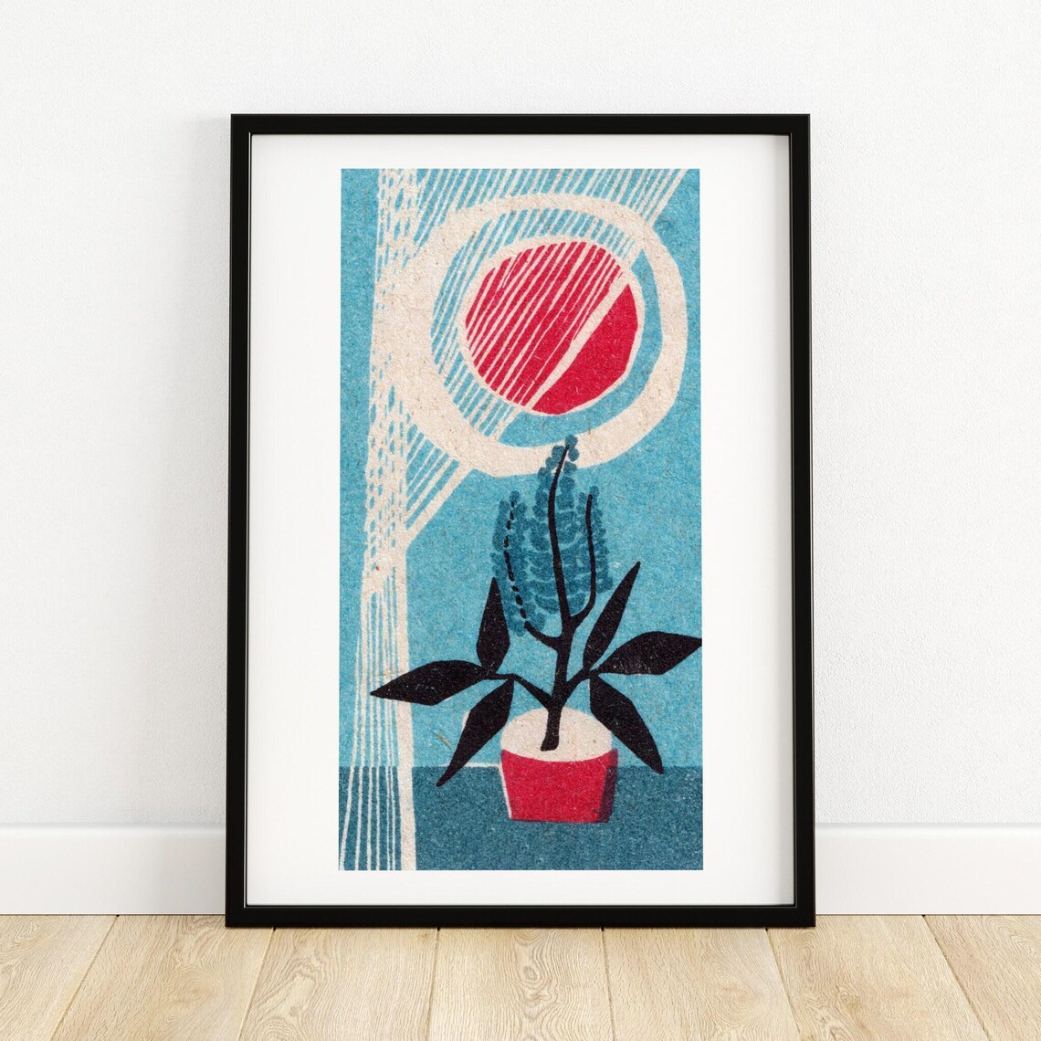 Potted Houseplant Red Pot Big Sun Mid Century Modern Art Poster
