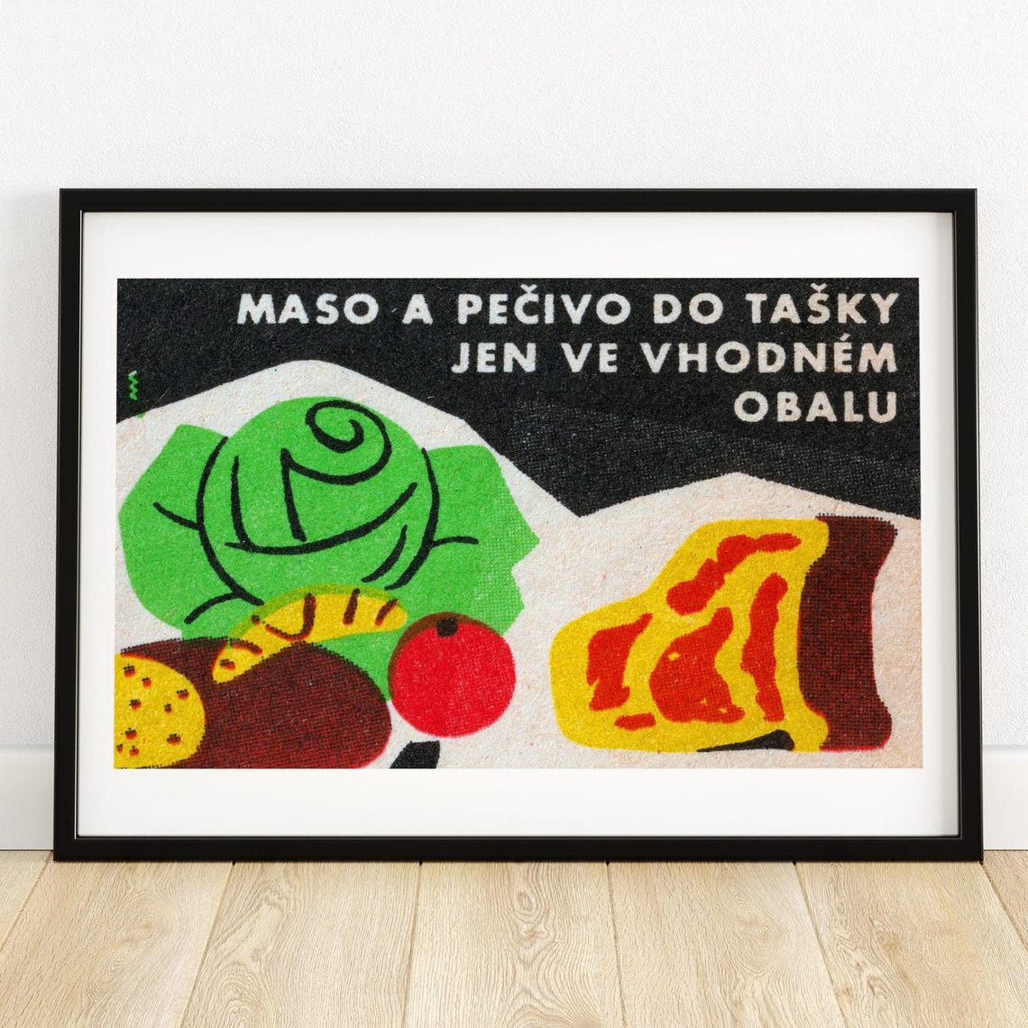 Meat And Vegetables Proper Bag Wrapping Vintage Czech Label Poster