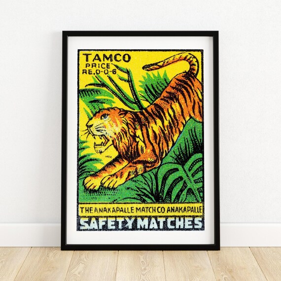 Tamco Tiger Safety Matches Vintage Jungle Tiger Matchbox Label Poster