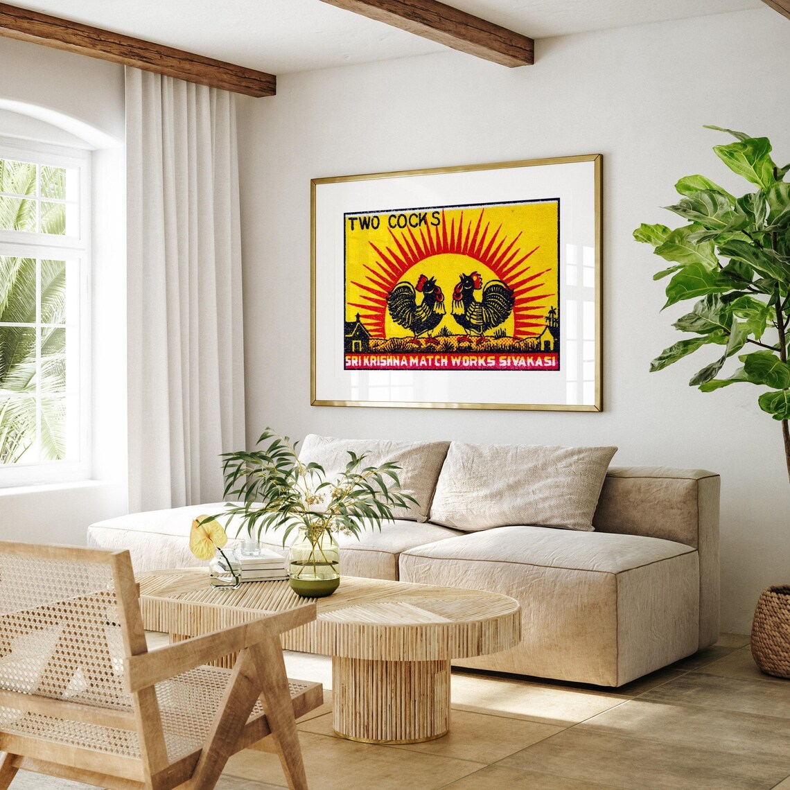 Two Roosters Vintage India Art Poster Print - Image 4
