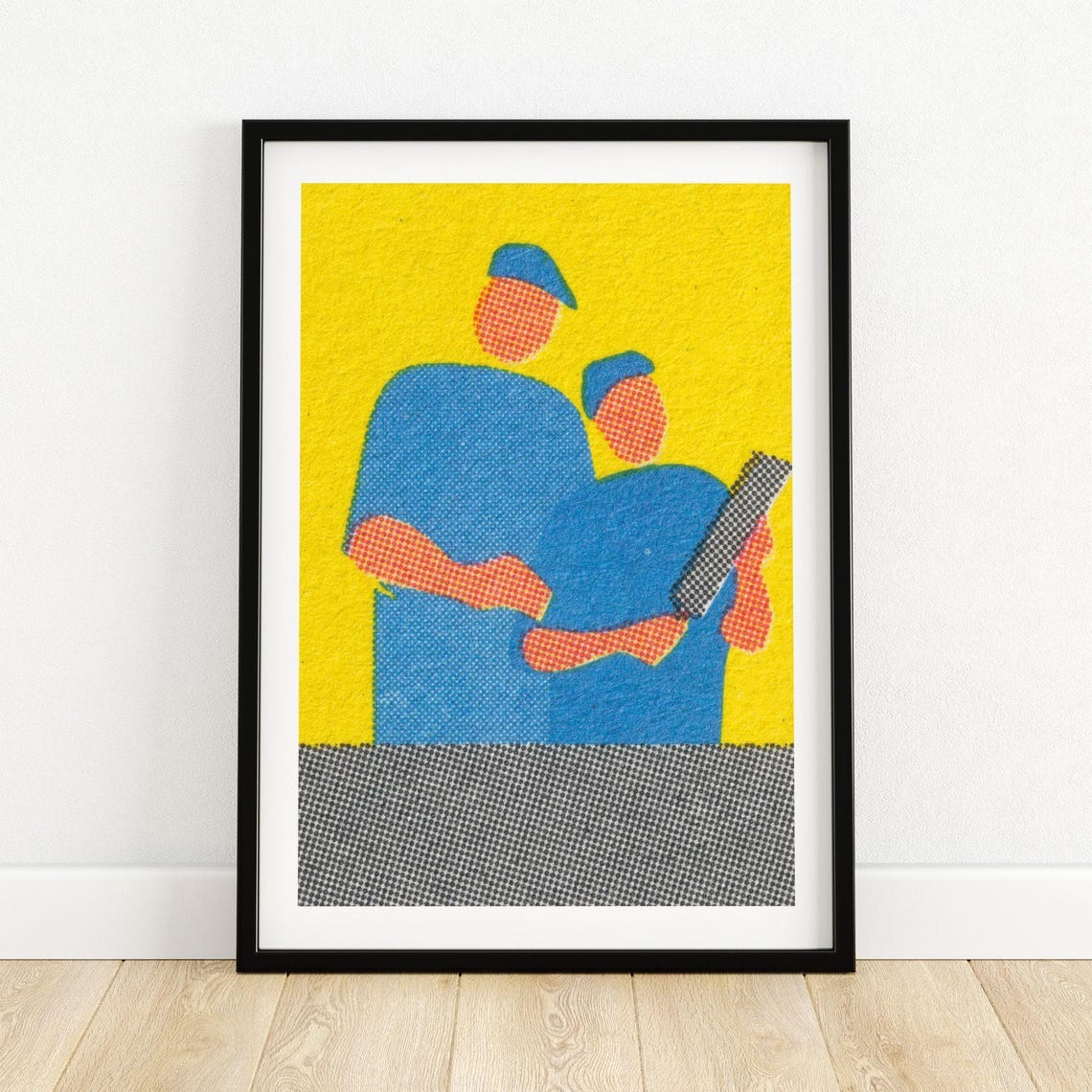 Two Workers Blueprint Halftone Yellow Vintage Matchbox Poster