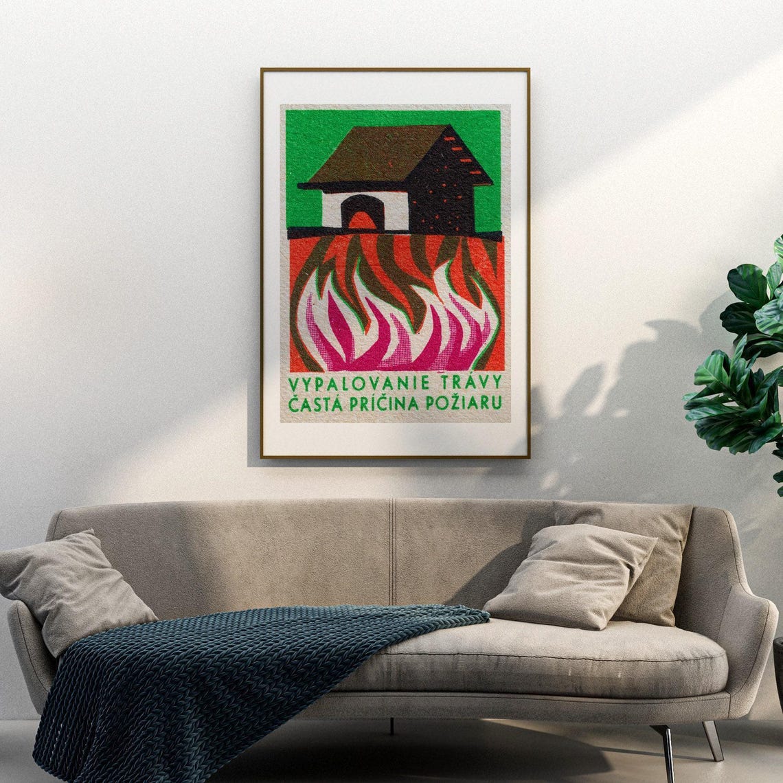 Slovak Grass Fire Warning Burning House Vintage Matchbox Label Poster - Image 3