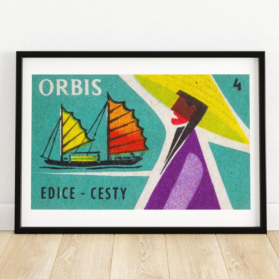 Orbis Journeys Chinese Junk Sailboat Asia Matchbox Label Poster
