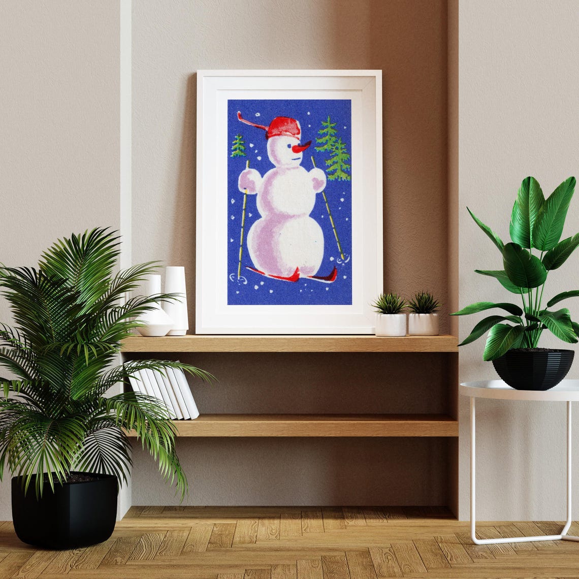 Skiing Snowman Red Cap Winter Night Vintage Christmas Matchbox Poster - Image 2