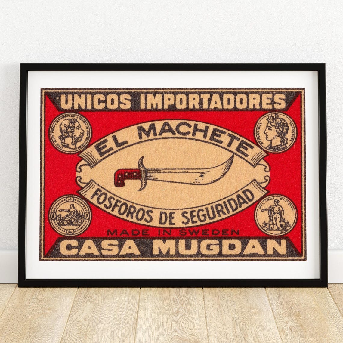 El Machete Sword Red Swedish Safety Matches Export Vintage Poster