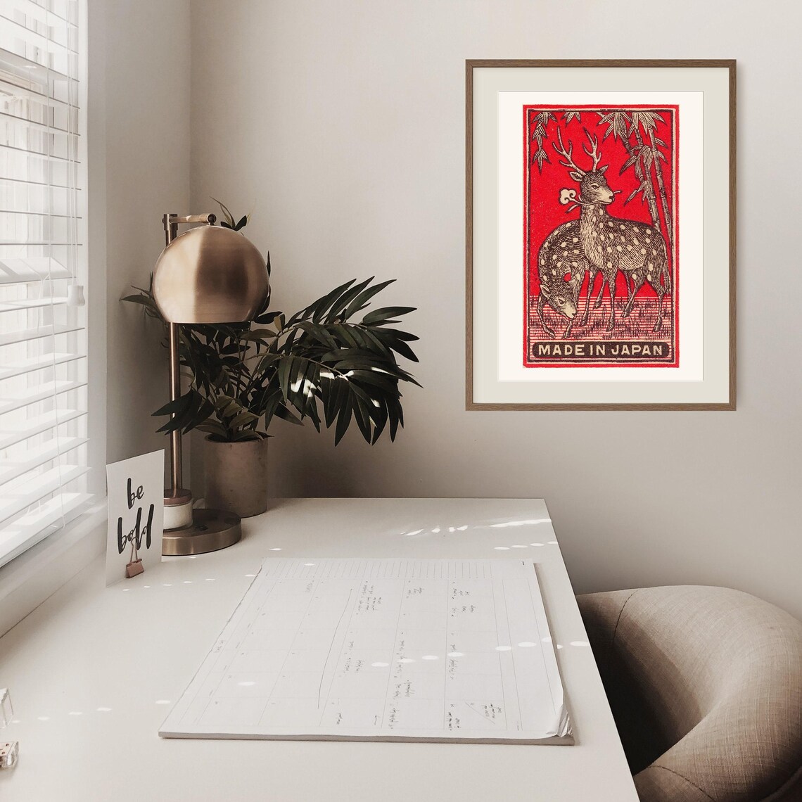 Spotted Deer Bamboo Made In Japan Vintage Red Japanese Wildlife Poster - Image 2
