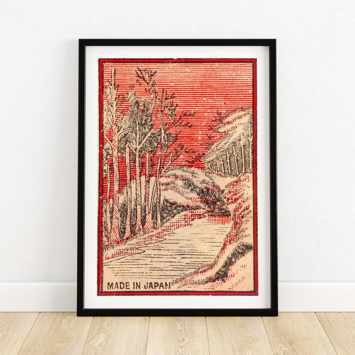 Japanese Landscape Vintage Matchbox Label Red Sky River Art Poster