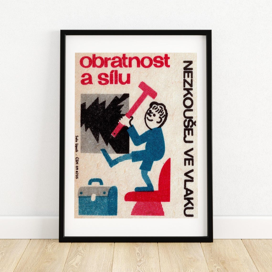 Train Safety Boy Red Hammer Warning Vintage Czech Cartoon Poster