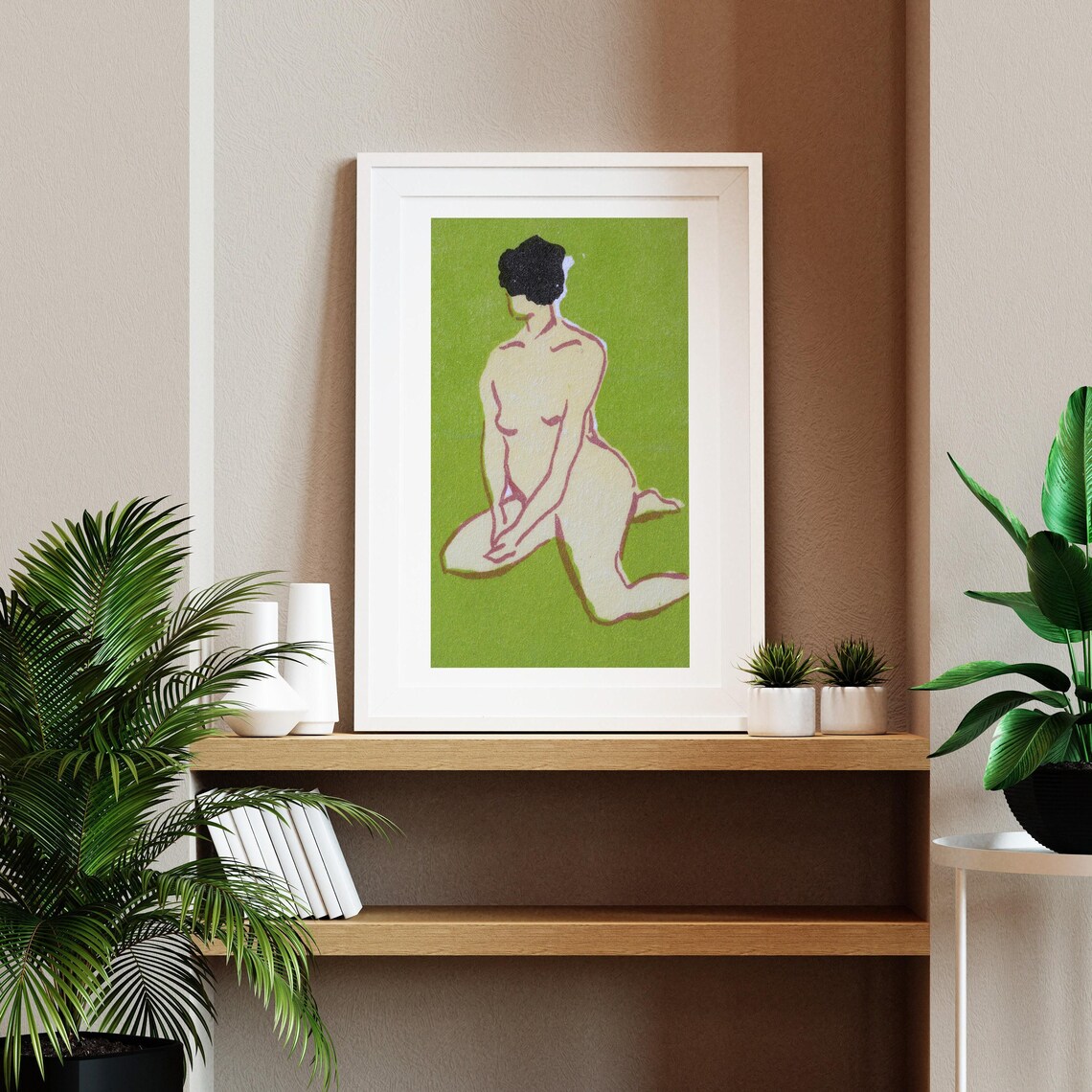 Kneeling Nude Woman Green Background Minimalist Line Drawing Art Poster - Image 2